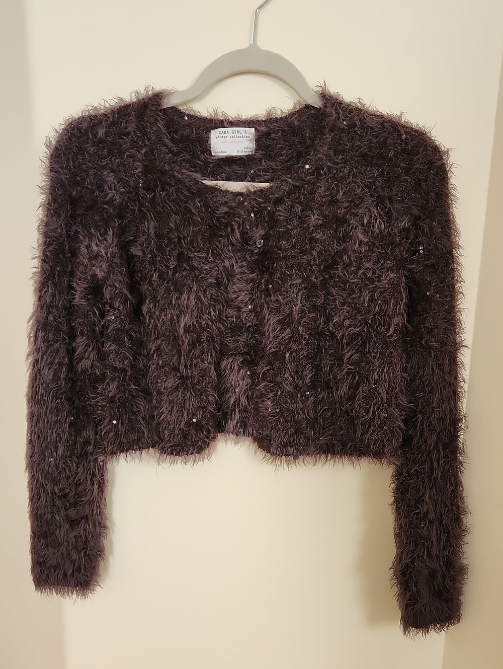 Zara Fuzzy Sequin Cropped Cardigan Brown Girls 11-12 Or Womens Small